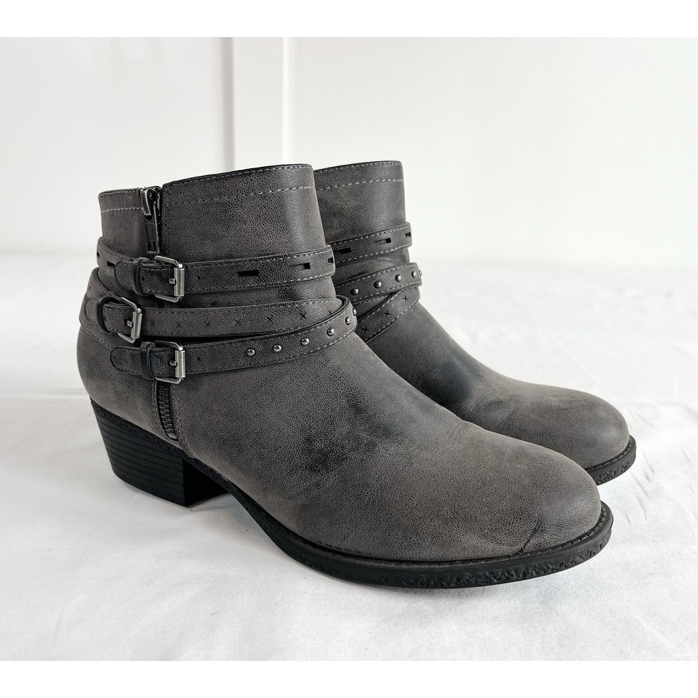 Sonoma Ruler Gray Studded Moto Ankle Boots Strappy Faux Leather Goth Women's 11M